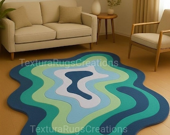 Modern Abstract Wavy Blue Green Rug–Irregular Shape Hand-Tufted Wool Rugs Ocean Inspired 5X7 Contemporary Living Room Rug For Home Decor