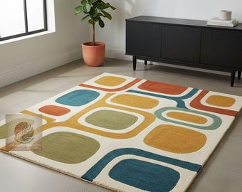 Retro Geometric Blocks Rug – Hand-Tufted Mid Century Modern Area Carpet with Bold Shapes and Earthy Tones for Living Room Decor (8X10)