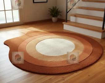 Retro Sunset Round Hand-Tufted Wool Rug | Modern Orange & Cream Irregular Circle Rug | Soft Thick Pile Carpet for Living Room Decor