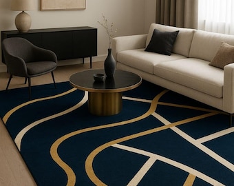 Handgetuft modern marineblauw abstract vloerkleed – Luxe wollen tapijt met goud- en crèmekleurige lijnen – Hedendaagse tapijten voor woonkamer en slaapkamer