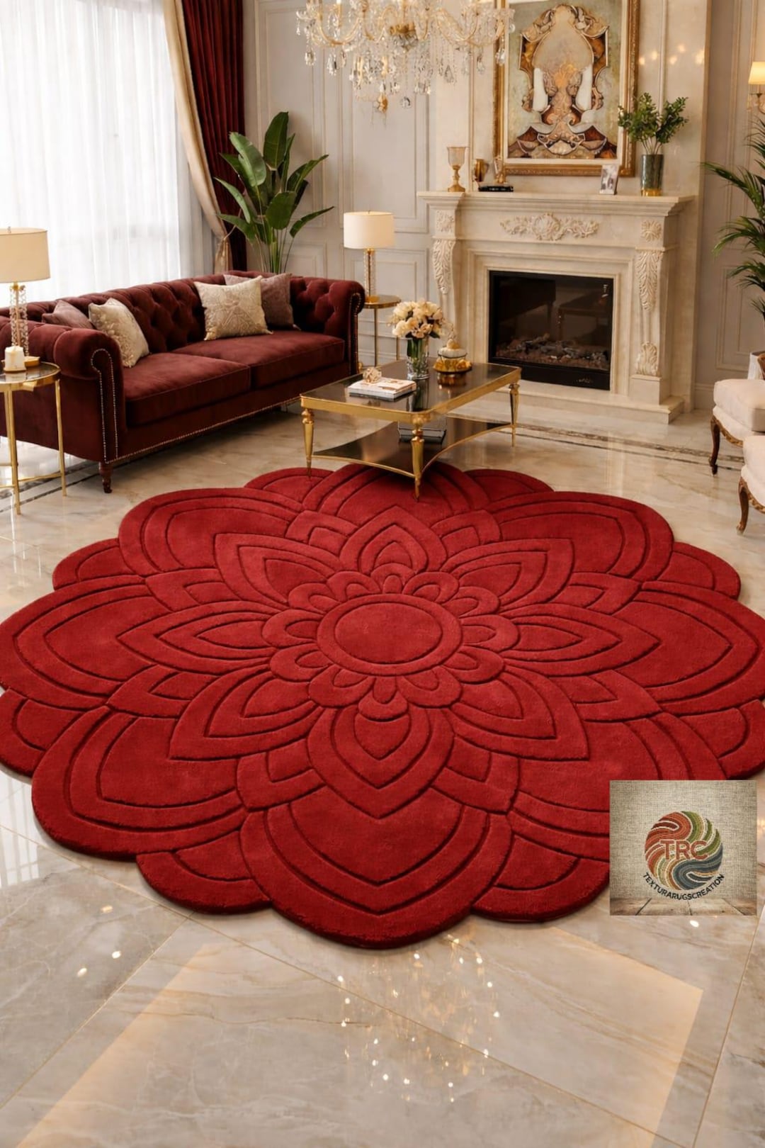 Red Female Rug Luxury Red Floral Hand Tufted Wool Rug, Flower Shape Area Rug, Sculpted ...