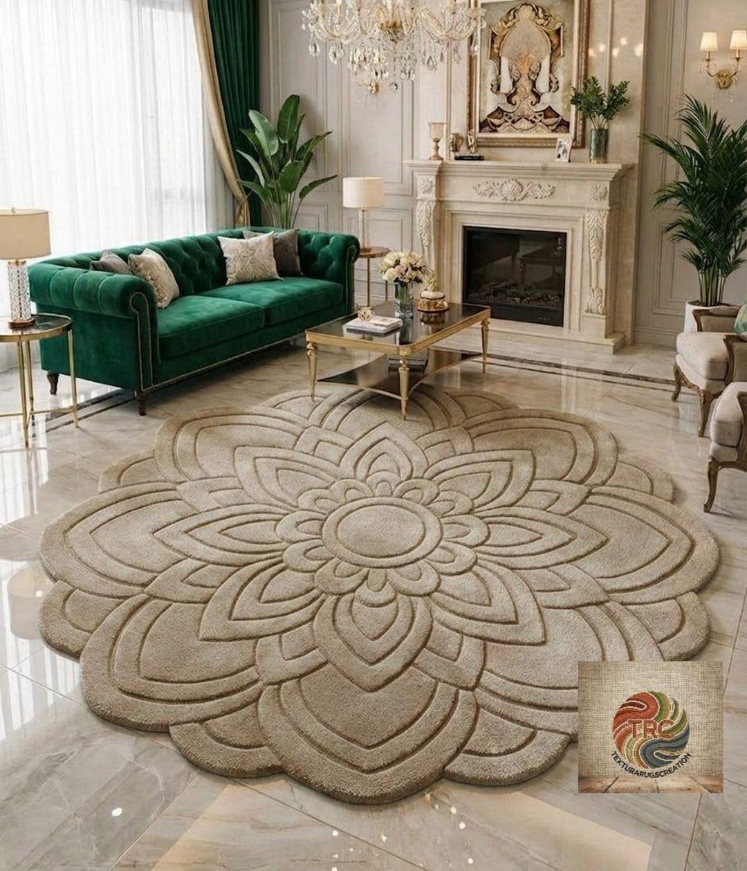 Luxury Beige Floral Hand Tufted Wool Rug, Flower Shape Area Rug ...