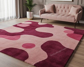 Pink & Burgundy Abstract Hand Tufted Area Rug - Modern Wavy 6X9 Carpet - Living Room Bedroom handcrafted rug for home decor