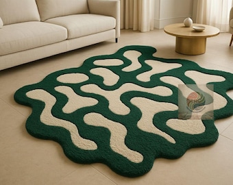 Organic Abstract Green Cream Hand-Tufted Rug, Modern Irregular Shape Handmade Wool Carpet, Wavy Art Rug for Living Room & Contemporary Décor