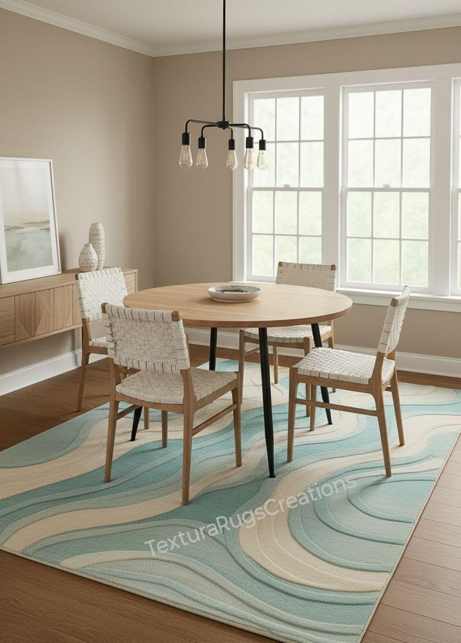 Modern Aqua & Beige Wavy Tufted Rug – Soft Textured Abstract Carpet for ...