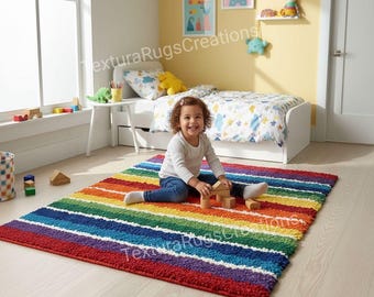 Alfombra de lana tejida a mano con rayas arcoíris – Alfombra colorida para habitación infantil y guardería / Alfombra vibrante para sala de juegos / Alfombra suave moderna hecha a mano