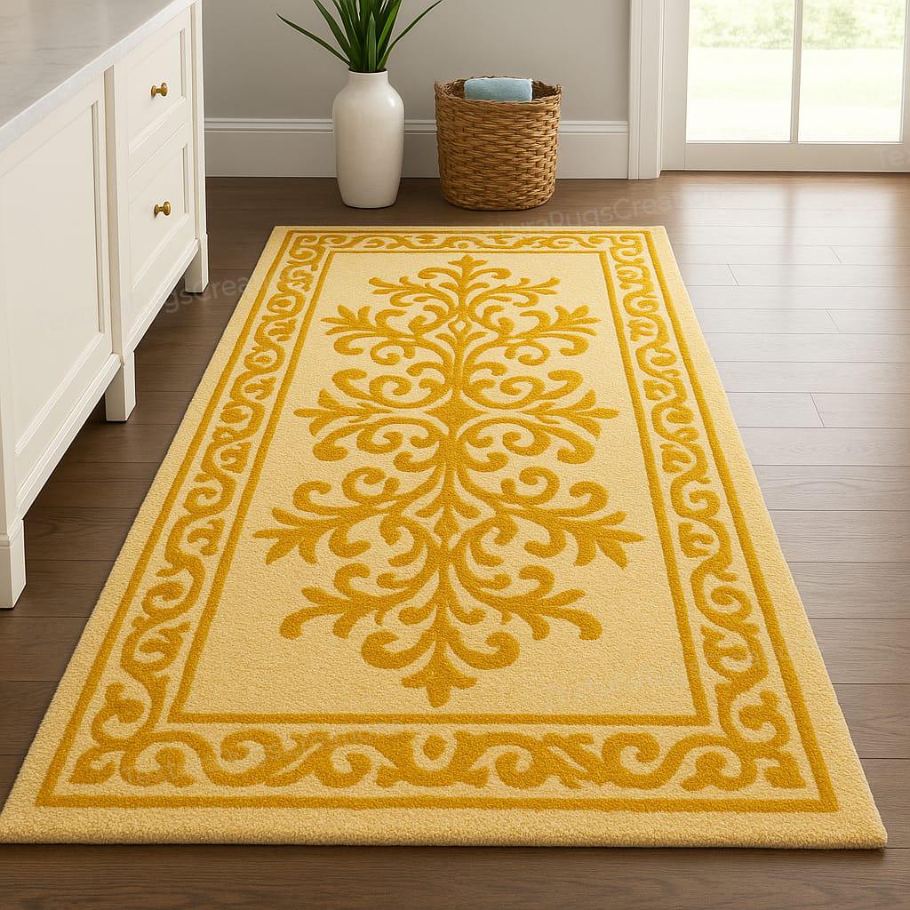 Scroll Work Pattern Rug Golden Yellow Scrollwork Hand Tufted Wool Rug, Classic Ornate Floral ...