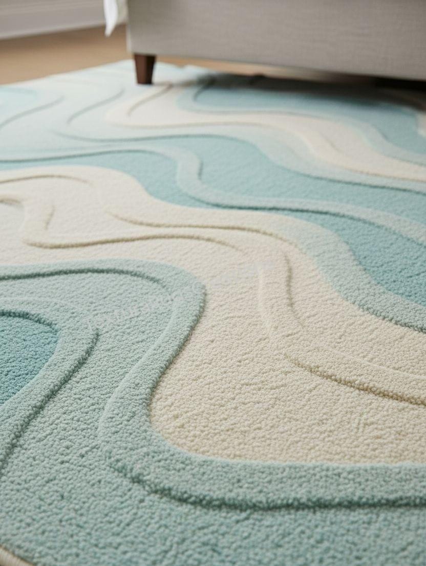 Modern Aqua & Beige Wavy Tufted Rug – Soft Textured Abstract Carpet for ...