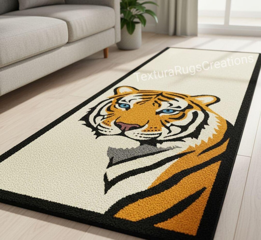 Majestic Tiger Face Rug – Hand-tufted Wool Runner With Bold Wildlife ...