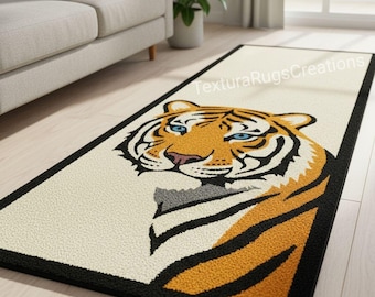 Majestic Tiger Face Rug – Hand-Tufted Wool Runner with Bold Wildlife Design for Hallway and Modern Home Decor carpet 2X6