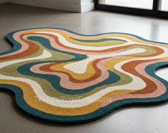 Retro groovy golvend vloerkleed – onregelmatig handgetuft veelkleurig abstract vloerkleed voor moderne woonkamer en funky interieur