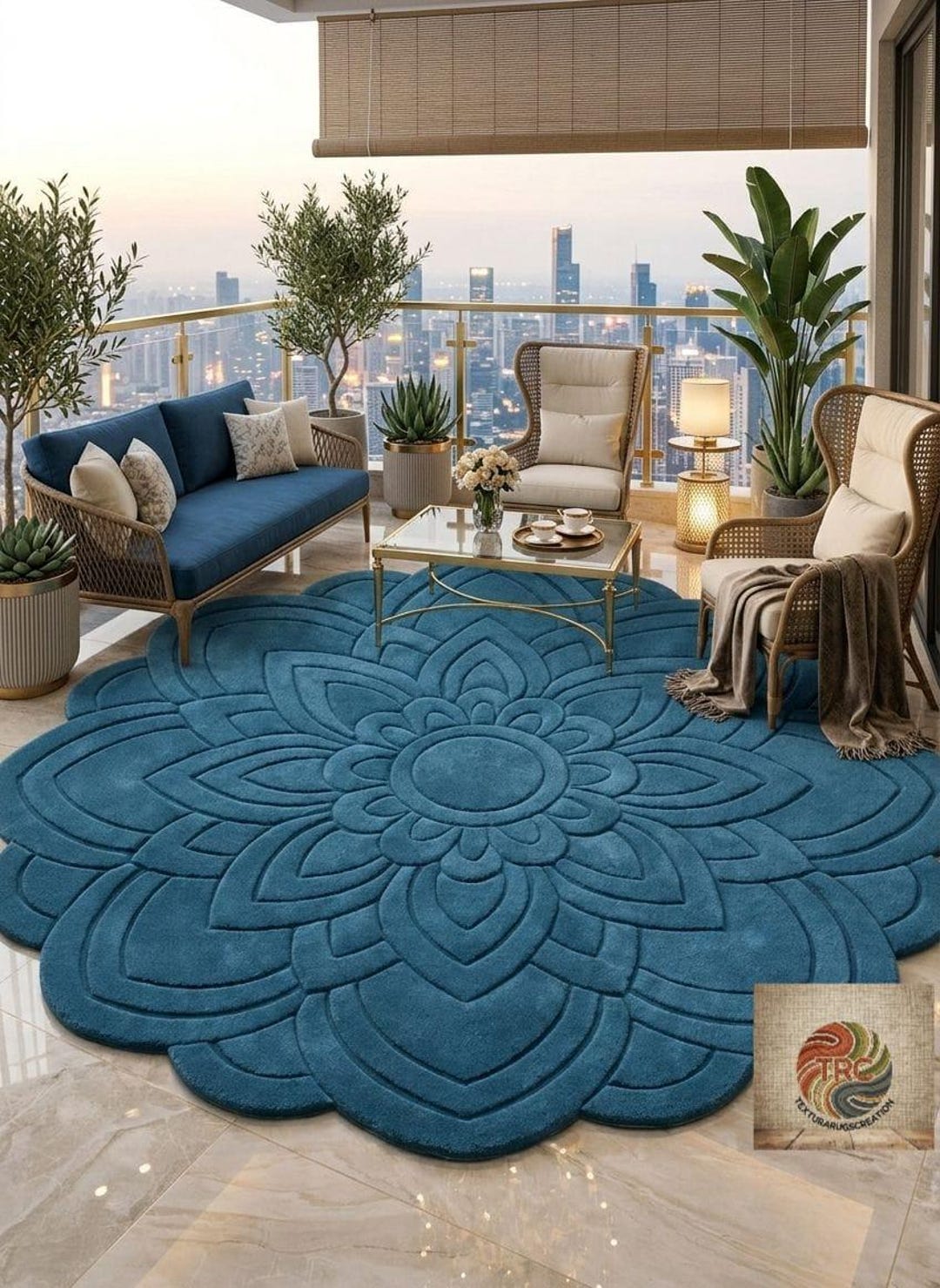 Luxury Teal Floral Hand Tufted Wool Rug, Flower Shape Area Rug ...