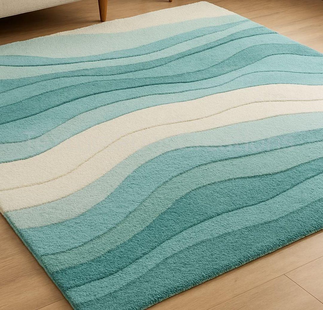 Modern Aqua Wave Hand-tufted Rug, Soft Ocean-inspired 8X10 Wool Carpet ...