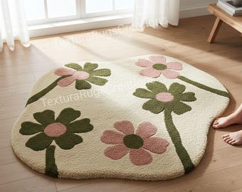 Bloom Garden Hand Tufted Rug – Irregular Floral Area Rug with Pink and Green Daisies on Cream Base for Cozy Modern Home Decor Rug