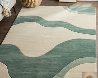 Abstract Wavy Green & Cream Area Rug | Hand Tufted Modern Organic Design | Custom Size Cozy Wool Living Room And Bedroom Floor Mat