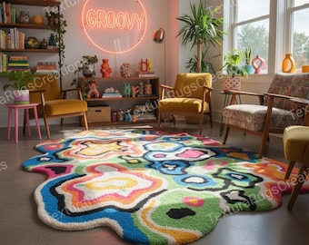 May include: A colorful, abstract area rug with a unique, organic shape. The rug features a vibrant mix of colors, including blue, green, pink, orange, and yellow, with black outlines. The word "GROOVY" is displayed in a neon sign on the wall.