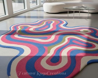Groovy Splash Hand-Tufted Rug – Vibrant Irregular  Abstract Area Rug with Pink, Blue & Green Waves for Modern Artistic Interiors