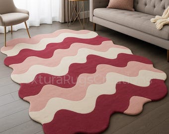 Irregular Wavy Shape Hand-Tufted Rug in Rose Red, Blush Pink & Cream 7X10 Modern Abstract Designer Carpet for Living Room And Bedroom Décor