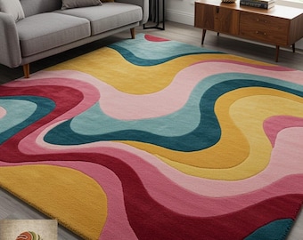Multicolor Wavy Hand Tufted Rug | Modern Abstract Wool Area Rug | Colorful Cut Pile Carpet for Living Room & Bedroom