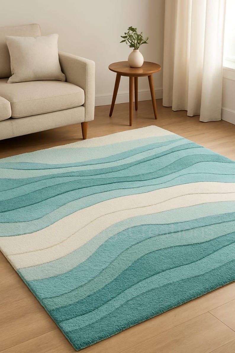 Modern Aqua Wave Hand-tufted Rug, Soft Ocean-inspired 8X10 Wool Carpet ...