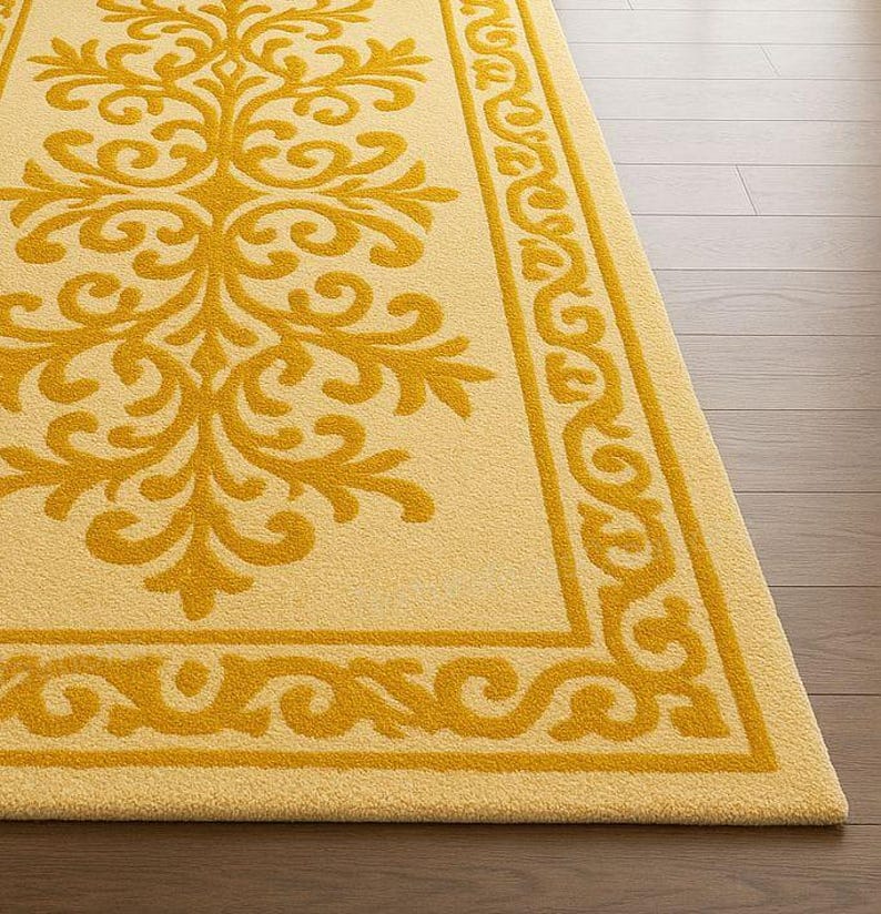 Scroll Work Pattern Rug Golden Yellow Scrollwork Hand Tufted Wool Rug, Classic Ornate Floral ...