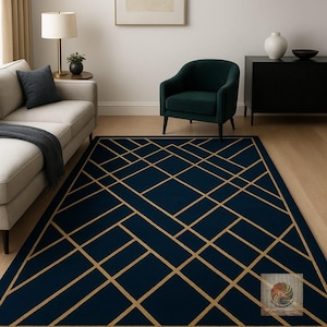 May include: A navy blue rug with a gold geometric design. The rectangular rug, with a pattern of intersecting lines, covers a large area of the wooden floor. The rug is a prominent feature in the room.