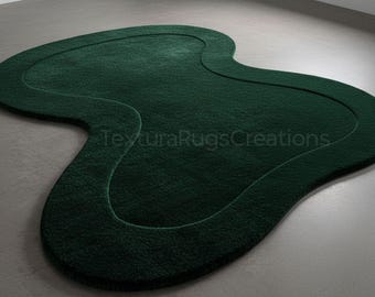 Emerald Green Organic Shape Hand-Tufted Wool Rug, Modern Abstract Plush Carpet, Irregular Soft Cut Pile Rug for Living Room Bedroom
