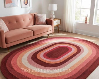 Tappeto ovale trapuntato Retro Sunset – Tappeto moderno in lana 3D nei toni caldi del rosa, terracotta e ruggine per soggiorno o camera da letto