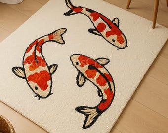 Hand Tufted Koi Fish Rug, Cream Wool Area Carpet, Japanese Pond Art Decor, 5X7 Modern Minimalist Tufted Floor Rug for Living Room & Bedroom
