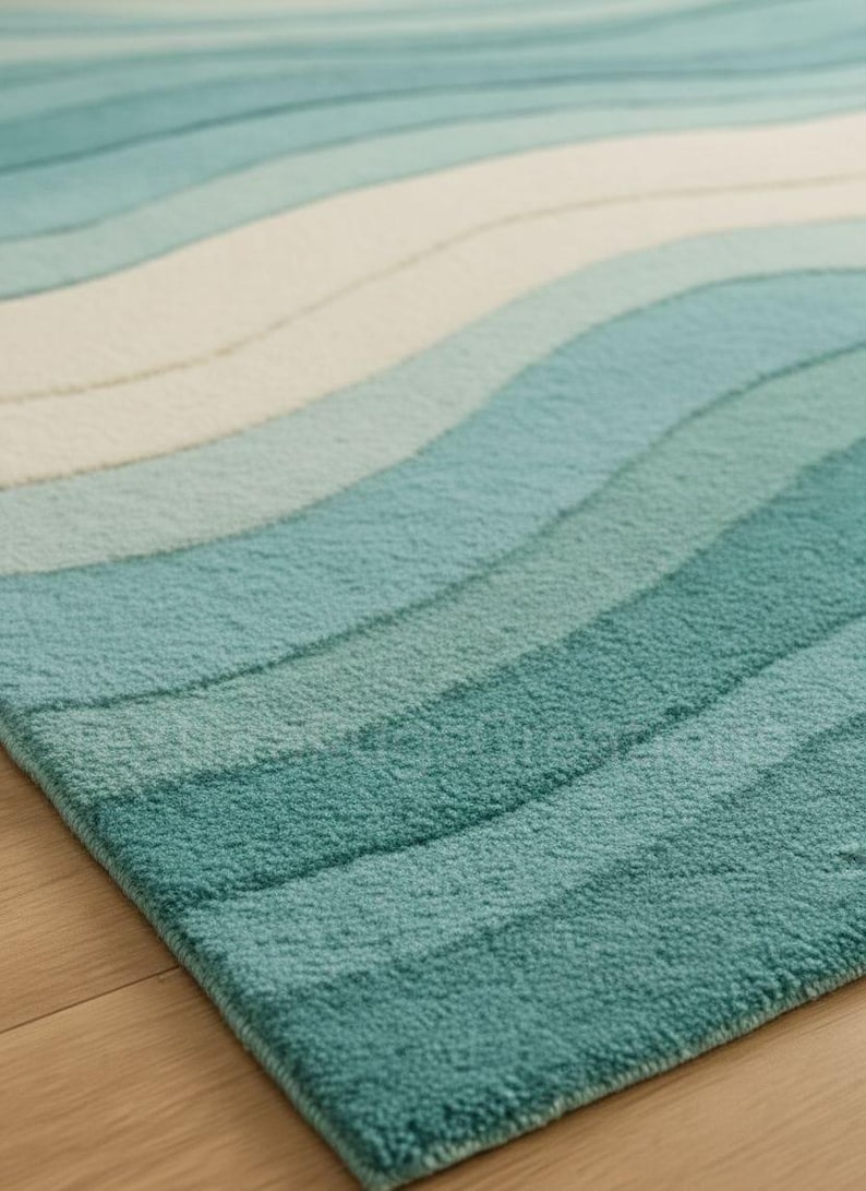 Modern Aqua Wave Hand-tufted Rug, Soft Ocean-inspired 8X10 Wool Carpet ...