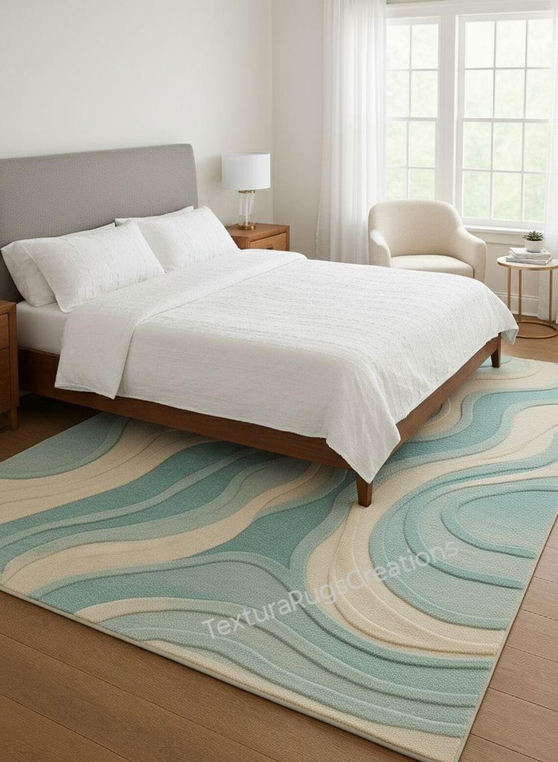 Modern Aqua & Beige Wavy Tufted Rug – Soft Textured Abstract Carpet for ...