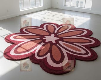 Retro Flower Power Rug – Groovy Pink & Maroon Hand-Tufted Floral Area Carpet, Funky 70s Irregular Shaped Rug for Living Room or Bedroom