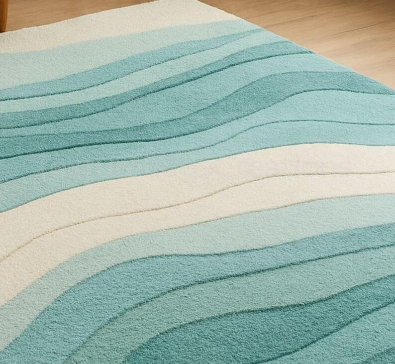 Modern Aqua Wave Hand-tufted Rug, Soft Ocean-inspired 8X10 Wool Carpet ...
