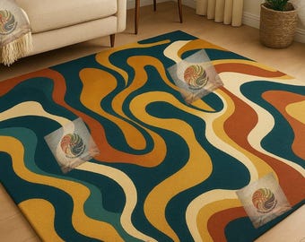 Retro Wave Hand-Tufted Wool Rug – Multicolor Abstract Curvy Pattern Area Carpet for Modern & Mid-Century Living Rooms
