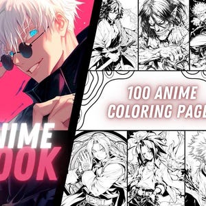 Può includere: Copertina di un libro di anime con un'illustrazione in stile manga di un personaggio con capelli bianchi e occhi blu. Il testo "ANIME BOOK" è visualizzato in grandi lettere bianche. Il libro presenta anche 100 pagine da colorare di anime.