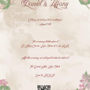 May include: Wedding invitation with floral accents. The names "Daniel & Tiffany" are displayed in elegant script. The invitation includes details about the wedding ceremony and reception, with a QR code for RSVP.