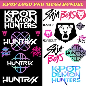 Könnte beinhalten: Eine Sammlung von K-Pop-Logo-PNGs in verschiedenen Designs. Die Logos zeigen Texte wie "K-Pop Demon Hunters", "Saja Boys" und "Huntrax" sowie Löwen- und geometrische Grafiken. Die Farbpalette umfasst Weiß, Schwarz, Pink und schillernde Farbtöne.