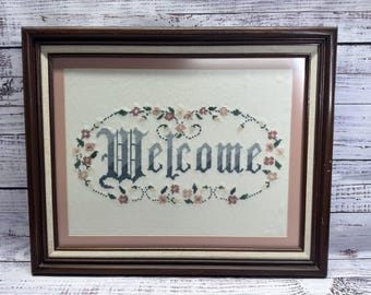 VTG Matted & Framed - "Welcome" - Cross Stitch - 18 W x 21 H - 1990 GRANDMACORE