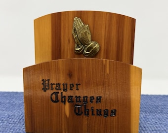 Vintage handgemaakte massief houten messing biddende handen handgemaakte servetbrievenhouder