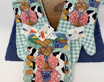 Juego de toallas de cocina, paños de cocina y agarraderas con diseño de ositos de peluche de los años 80 y 90, nuevos, sin usar.