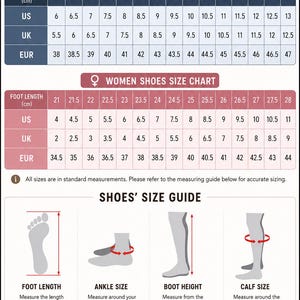 May include: A shoe size chart featuring conversion tables for US, UK, and EUR sizes for both men and women. The graphic includes a measuring guide for foot length, ankle size, boot height, and calf size, along with an attention note regarding high heels.