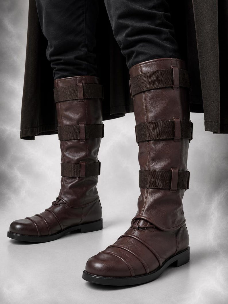 May include: A pair of dark brown knee-high boots featuring three horizontal fabric straps across the calf and a series of stitched horizontal ridges across the rounded toe area. The boots have a flat black sole and a smooth, matte finish.