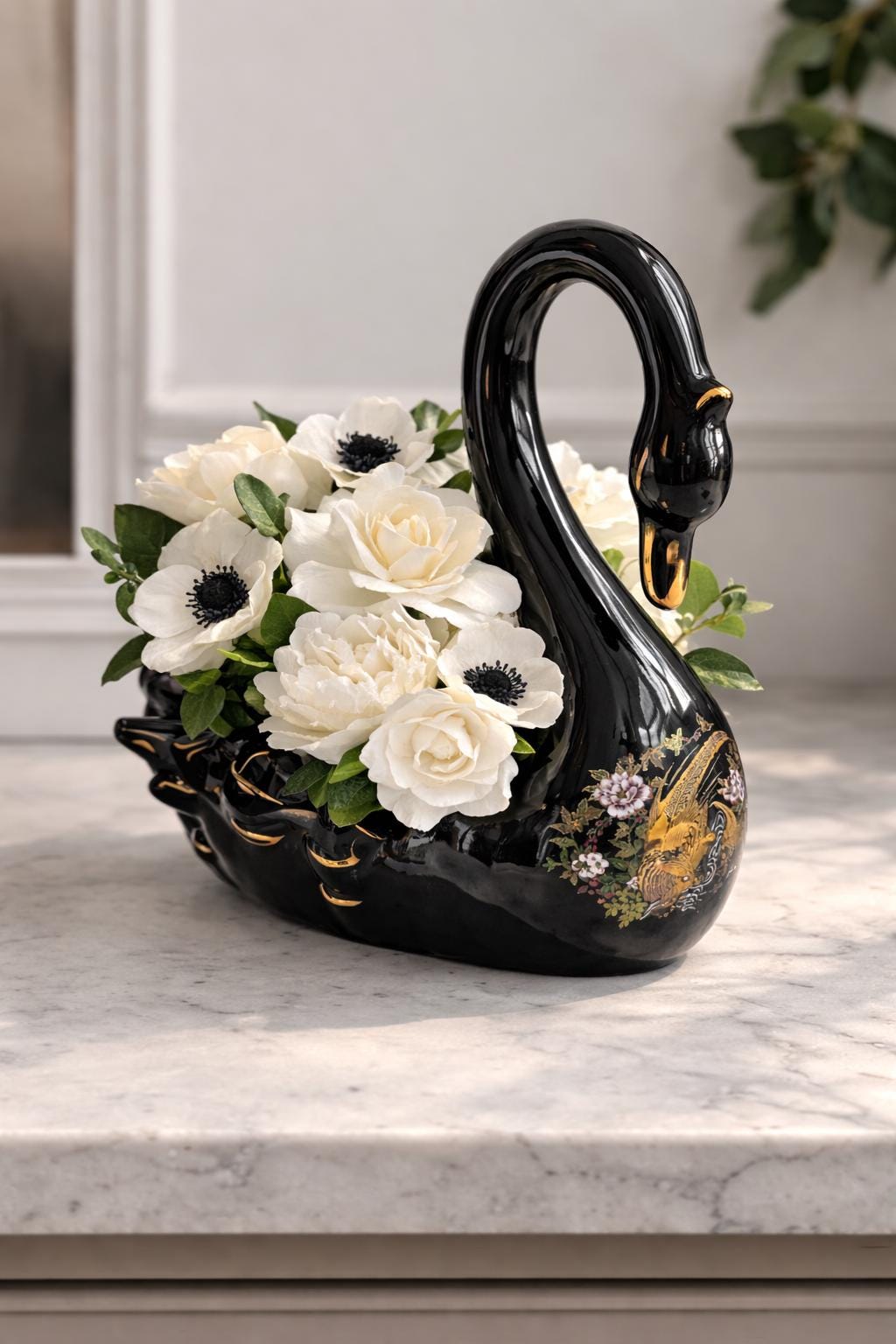 陶器の花と鳥の装飾壺 陶器の白鳥の花瓶 - Etsy 日本