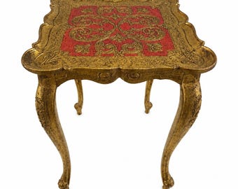 Vintage Italiaanse Florentijnse vergulde bijzettafel | Rode en gouden Italiaanse accenttafel | Hollywood Regency decor