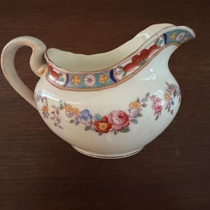May include: Cream-colored ceramic creamer with a curved handle and spout. The creamer features a floral design with pink, blue, and yellow flowers. A decorative band with geometric patterns and red accents adorns the rim.