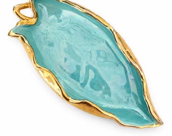 Vintage MCM Iridescent Blue Leaf Trinket Dish | 9 Inch Coastal Decor Catchall