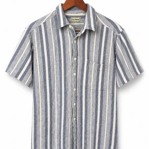 Vintage 1980's L.L. Bean Blue White Striped Short Sleeve Button Down Shirt Men's Medium | Coastal Prep Linen Look