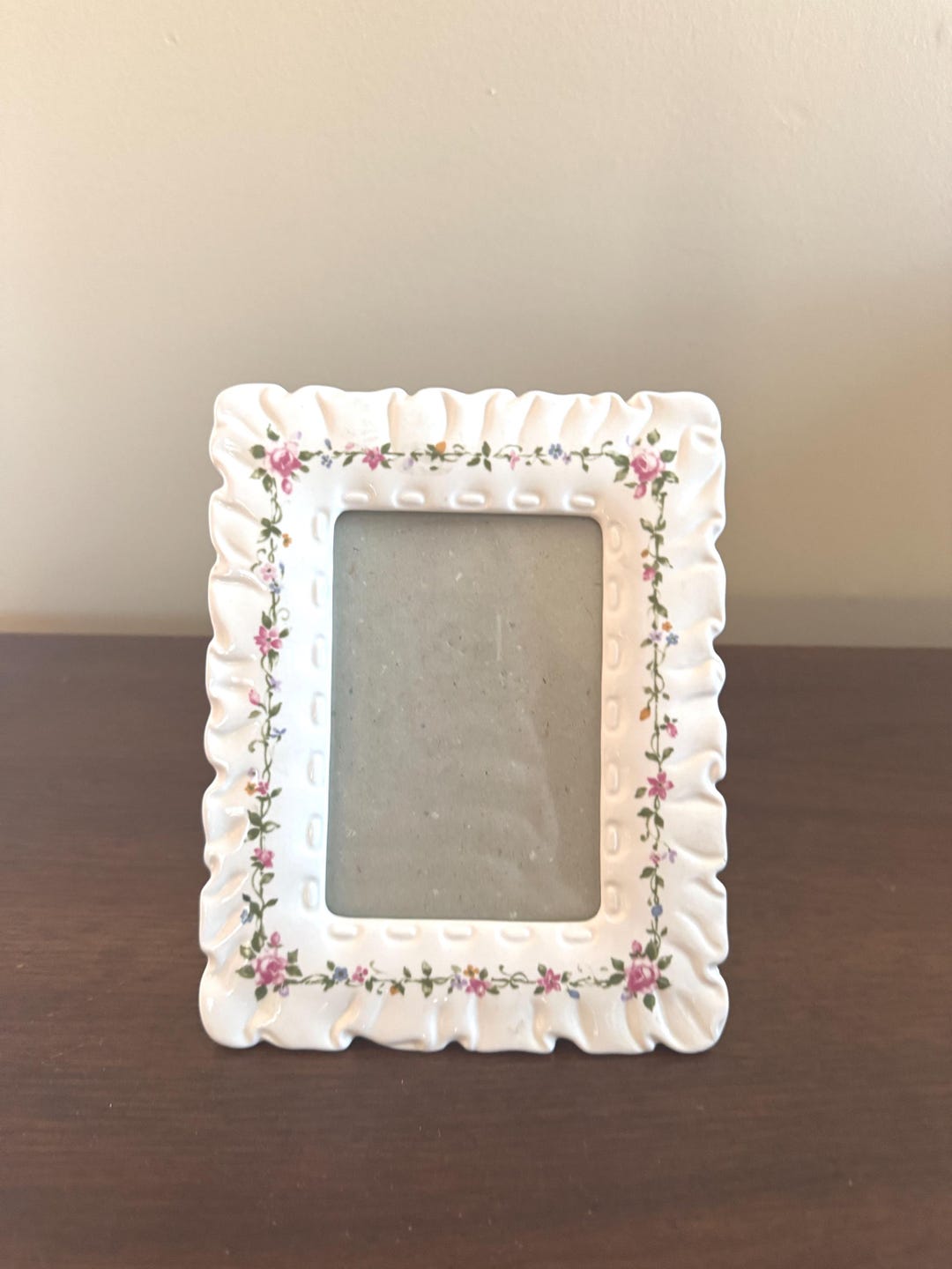 Vintage Ceramic Photo Frame | Pink Rose Floral Ruffle Edge, Cottagecore ...