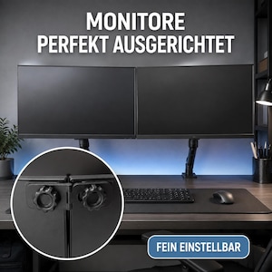 Könnte beinhalten: Ein schwarzes Ausrichtungswerkzeug für zwei Monitore mit zwei runden Einstellknöpfen. Das Gerät verbindet zwei Computerbildschirme, mit dem Text MONITORE PERFEKT AUSGERICHTET darüber und FEIN EINSTELLBAR darunter.