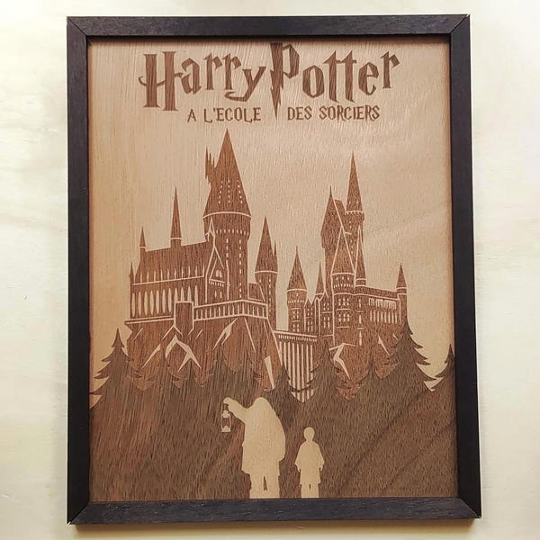 Harry Potter "Sorcerer's Stone" poster in laser-engraved wood, handcrafted wall decoration, movie poster